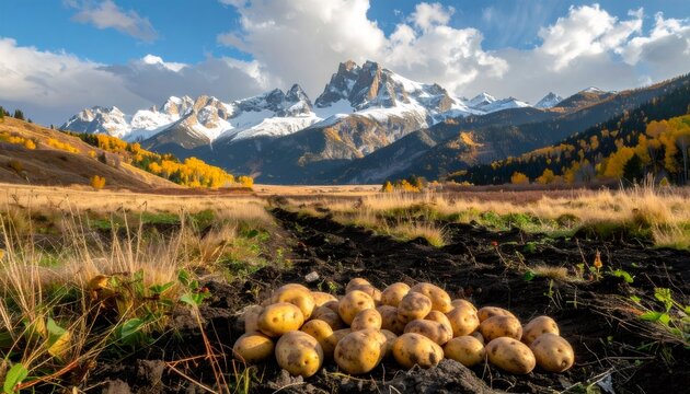 Harvested potatoes lying on rich dark soil