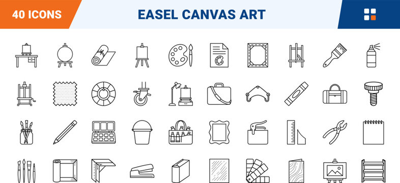Artist easel canvas art line icon set. Vector pictograms of painting, studio, fine, and paint elements, thin linear illustration.