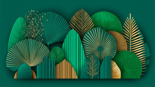 Luxurious green and gold abstract background with paper tropical leaves