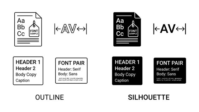 Typography Design Elements: A side-by-side comparison showcasing 'Outline' and 'Silhouette' versions of typographic elements, including font examples, header styles, and kerning indicators.