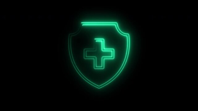 Glowing green neon shield animation with a health cross symbol, symbolizing health protection. 4K resolution on a dark background.
