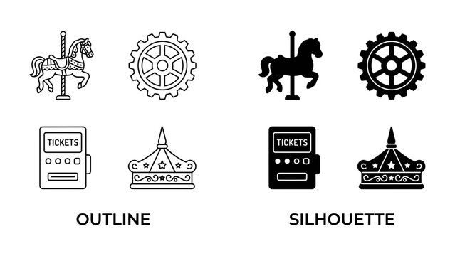 Carousel Icon Set: A collection of outline and silhouette icons featuring carousel elements like horses, gears, ticket machines, and a circus tent, representing fun and amusement park attractions.