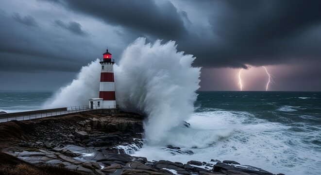 A lighthouse endures crashing waves and lightning during a severe storm