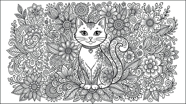 Intricate cat vector illustration sitting in a dense field of zentangle flowers and botanical leaves for horizontal adult coloring book page layouts or wall art.