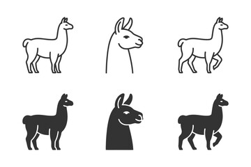 Naklejka premium Set of llama silhouettes and outline illustrations.
