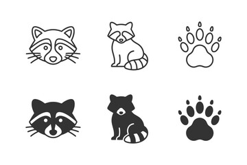 Obraz premium Raccoon icon set with face, sitting, and paw prints in black and white.