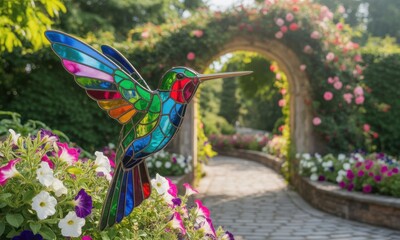 Naklejka premium Colorful stained glass hummingbird sculpture in a garden setting, featuring an archway and flowers