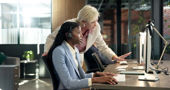 Call center, manager and help for coaching with computer, crm system guidance or support. Women, mentoring and assistance with tech for customer service, teaching intern and telecom supervision