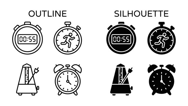 Timekeeping Icons: A collection of four pairs of icons, showing stopwatches with a runner, and metronomes paired with alarm clocks, presented in both outline and silhouette styles, symbolizing speed.