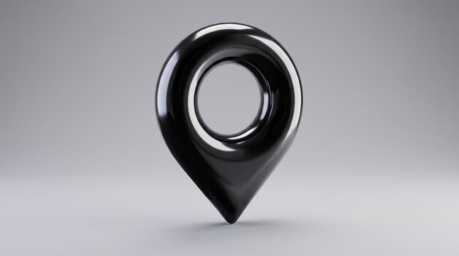 Shiny black glossy location marker icon rendered in three dimensions against a simple white studio background