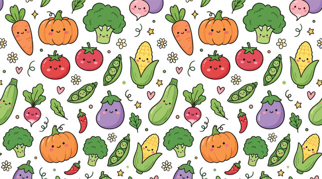 Seamless Kawaii Vegetable Pattern with Hand-Drawn Doodles