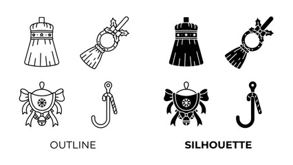 Fototapeta premium Royal Insignia Icons: A set of elegant outline and silhouette icons representing royal insignia, including a crown, scepter, and ceremonial medal, perfect for historical or heraldic design projects.