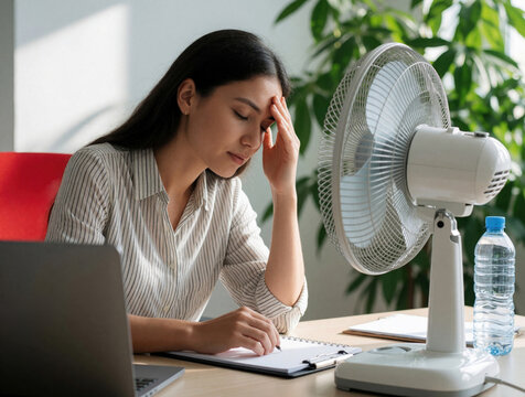 Woman fans herself at desk during hot office day. Female worker feels tired, stressed from heat near laptop and water bottle. Needs relief from warm air.