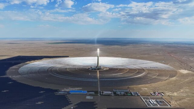 Molten salt tower solar thermal power plant at sunrise, new energy source, super mirror power plant, prism tower