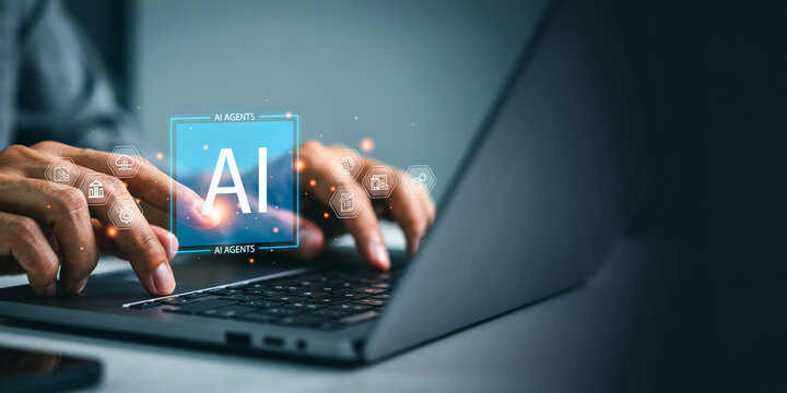 Person Using Laptop with Artificial Intelligence Interface Representing Modern Digital Innovation and Advanced Computational Machine Learning Technology