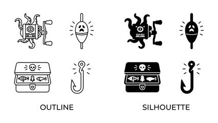 Fishing Gear Icon Set: A collection of fishing equipment icons presented in both outline and silhouette styles, including fishing rod reel, float, tackle box, and hook. © Hasina