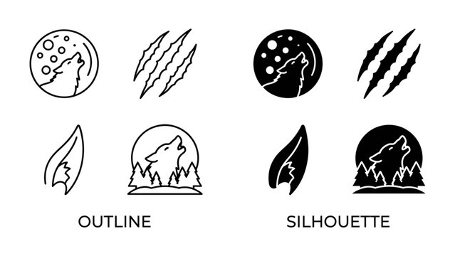 Wolf Icons Set: A collection of stylized wolf graphics including howling wolves under the moon, claw marks, flames, and forest scenes presented in both outline and silhouette formats.