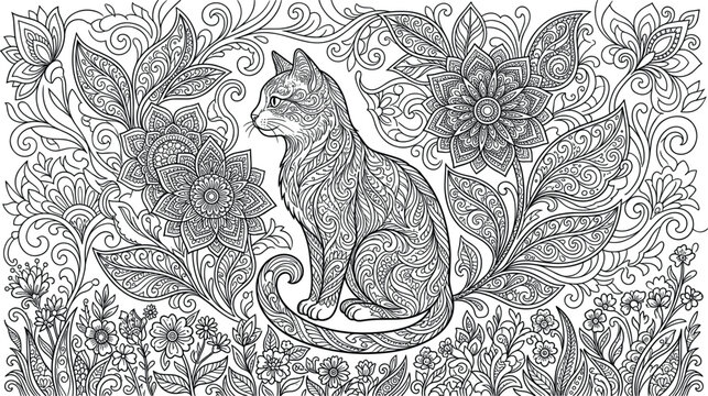 Intricate hand drawn vector illustration of a cat sitting in a beautiful garden surrounded by detailed zentangle flowers and ornate foliage for adult coloring book.