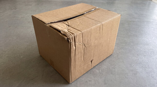 Cardboard shipping box showing damage from handling during parcel delivery or moving contents