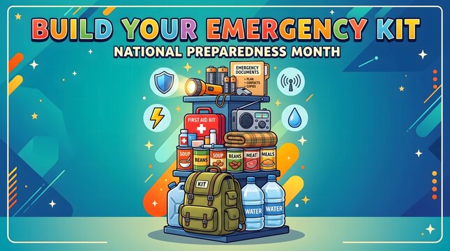 Build your emergency kit supplies pyramid rack national preparedness month horizontal banner