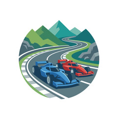 Fototapeta premium Formula 1 Race Cars Speeding on Mountain Track, Racing Competition, Vector Illustration