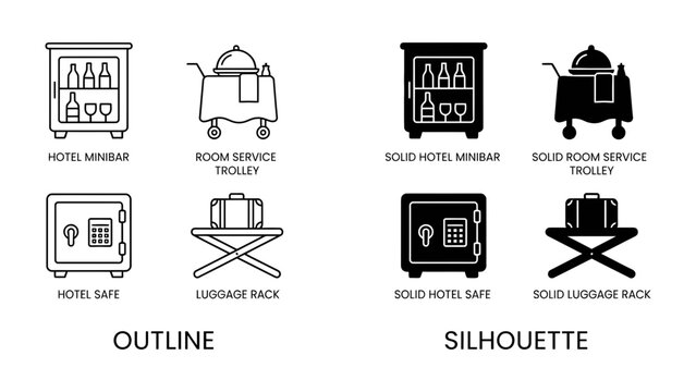 Hotel Amenities Icons: A set of outline and silhouette icons representing hotel amenities, including minibar, room service trolley, safe, and luggage rack.