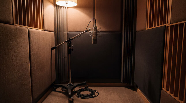 Recording studio showcasing a large diaphragm condenser microphone, soundproofing panels, and warm lamp light
