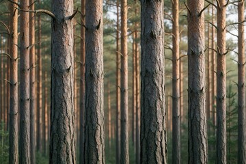 Naklejka premium Close up view of Scots pine tree trunks in a dense forest. Natural textured bark pattern fills frame. Tall evergreen trees stand in orderly rows in dappled light.