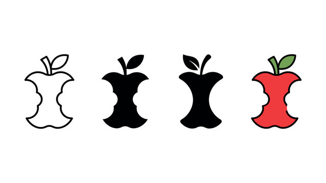 Set of four apple core icons featuring outline silhouette and flat color design styles