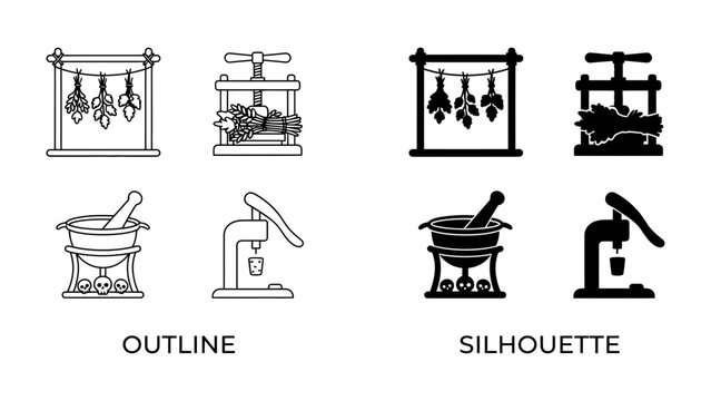 Wine Press and Vineyard Icons: A collection of outline and silhouette icons representing the process of winemaking, including a grape press, hanging grapes, and a mortar and pestle.