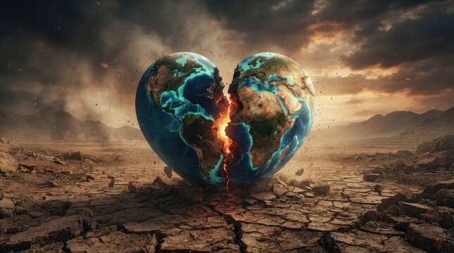 A dramatic image depicts a shattered globe shaped like a broken heart, set against a desolate, cracked landscape under a stormy sky.