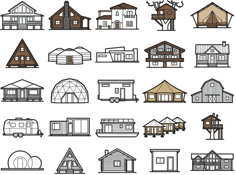 A collection of various dwelling types and architectural styles, showcasing a range of residential buildings from traditional houses to modern structures and unique shelters.