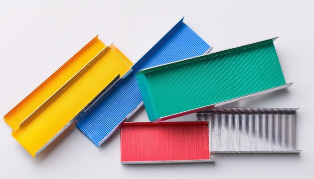 assorted colored staples arranged on white background