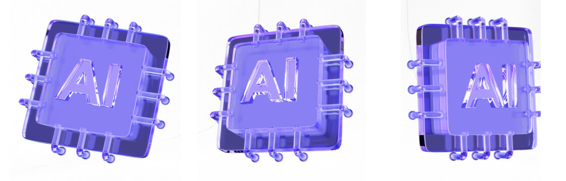 3D render glass Agentic AI for automation computer chip, Glassmorphism Artificial Intelligence semiconductor chipset, AGI machine learning technology, Ai agents data center icon set.