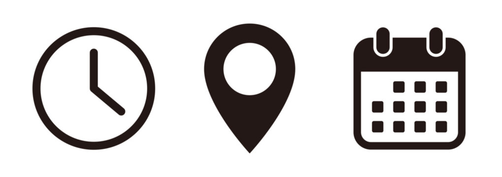 Location, date, and clock icon set &ndash; map pin, calendar, and time vector symbols