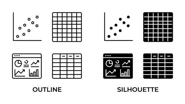 Data Visualization Icons: A collection of outline and silhouette icons representing data visualization elements such as scatter plots, spreadsheets, and charts.