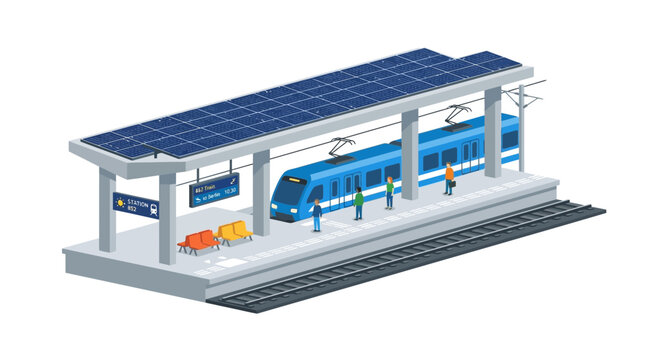 Modern Solar Powered Train Station Platform with Blue Train