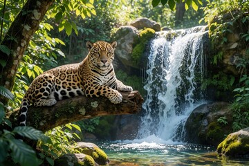 Fototapeta premium Jaguar rests on log near waterfall in rich green jungle. Powerful big cat watches intently, showing its spotted coat. Wild animal in natural habitat.