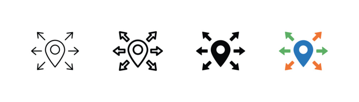 Navigation location distribution icon set representing maps, routes, destinations, GPS tracking, directions, travel, and positioning.