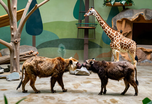 Wildlife conservation and animal behavior, two brown hyenas interacting with a giraffe in the background at a zoo enclosure