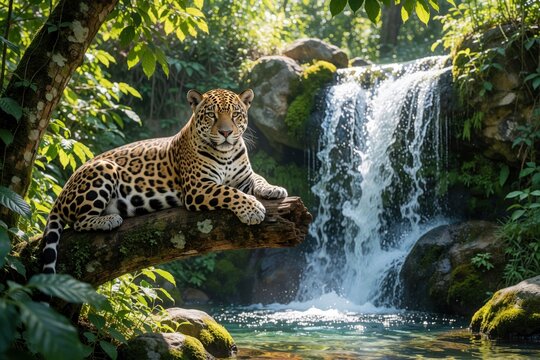 Jaguar rests on log near waterfall in rich green jungle. Powerful big cat watches intently, showing its spotted coat. Wild animal in natural habitat.