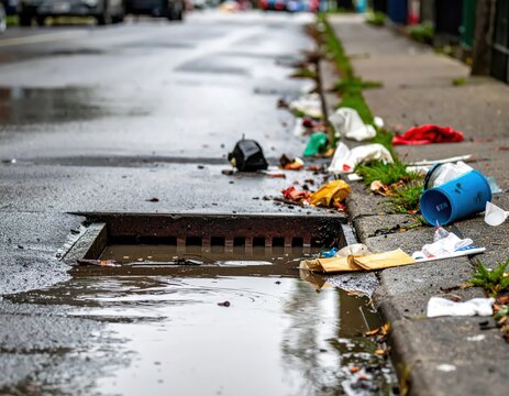 Urban Street Scene Featuring Litter and Clogged Drainage with Rainwater in a City Environment
