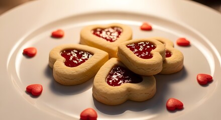 Obraz premium Heart shaped cookies with jam on a white plate