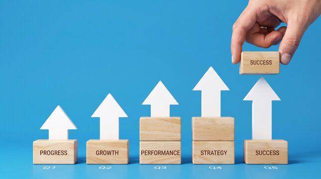 Business growth concept with wooden blocks and arrows, financial success strategy chart, progress and performance development