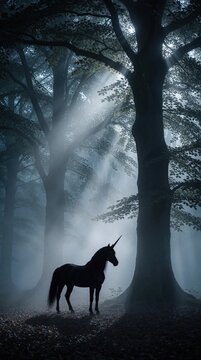 Black unicorn stands in dark misty forest illuminated by sunbeams. Mystical creature in woodland setting with bare ground covered in leaves. Ethereal equine silhouette against fog.