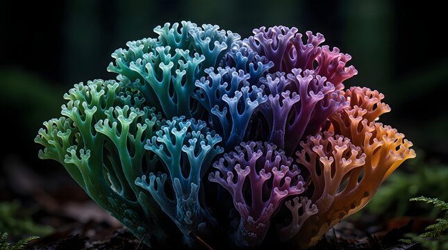 Colorful Coral-Like Fungus Growing in a Lush Forest