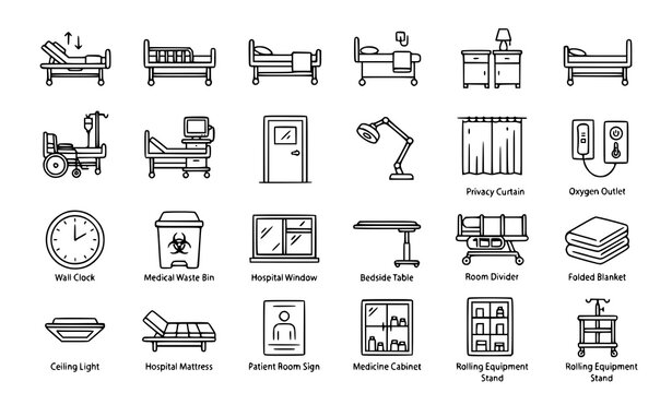 Modern Medical Bed and Hospital Room Thin Line Icon Set for Healthcare Website UI