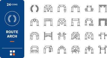 Fototapeta premium Marathon route arch line icon set. Vector pictograms of finish, start, race, and running elements, thin linear illustration.