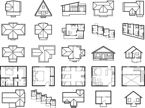 A collage of blueprint designs showcases a variety of house floor plans, rooftop views, and architectural elevations, offering a comprehensive collection for construction and design inspiration.