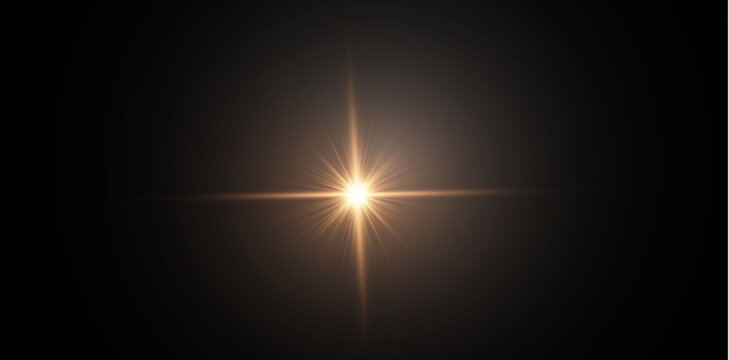 Glowing bronze star lens flare light effect on black background